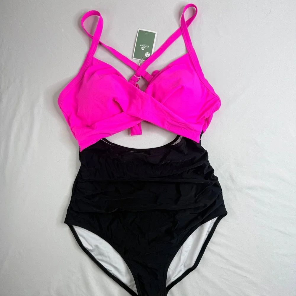 Tummy Control Slimming Pink and Black Cutout One Piece Swimsuit Ruched Large NWT
